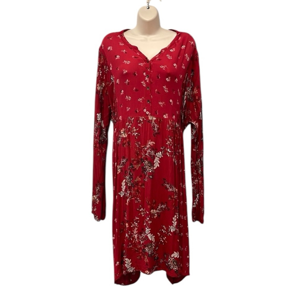 Knox‎ Rose Womens Plus Sz XXL Red Floral Paisley Midi Shirt Dress Boho Cottage